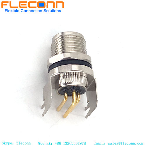 M8 3 Pin Female PCB Panel Mount Connector， 90 Degree Right Angled Pins