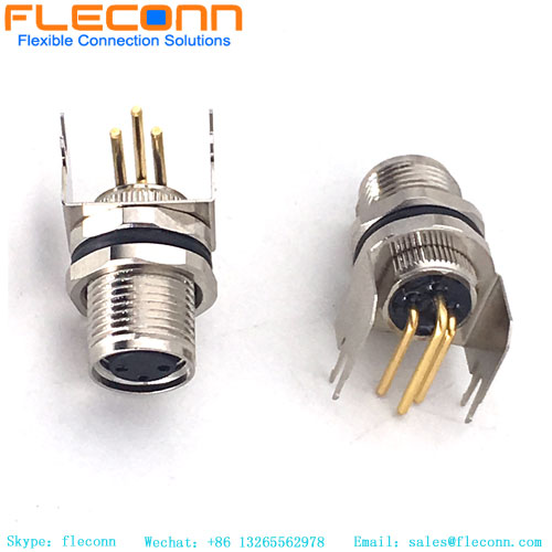 M8 3 Pin Female PCB Panel Mount Connector， 90 Degree Right Angled Pins