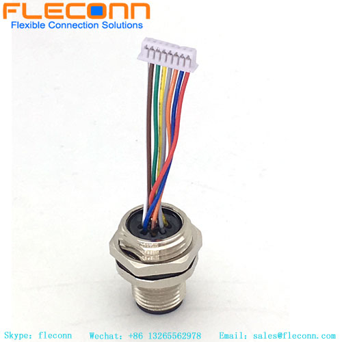 m12 panel mount connector A-code 8 pole with pre-assembled wires pigtail
