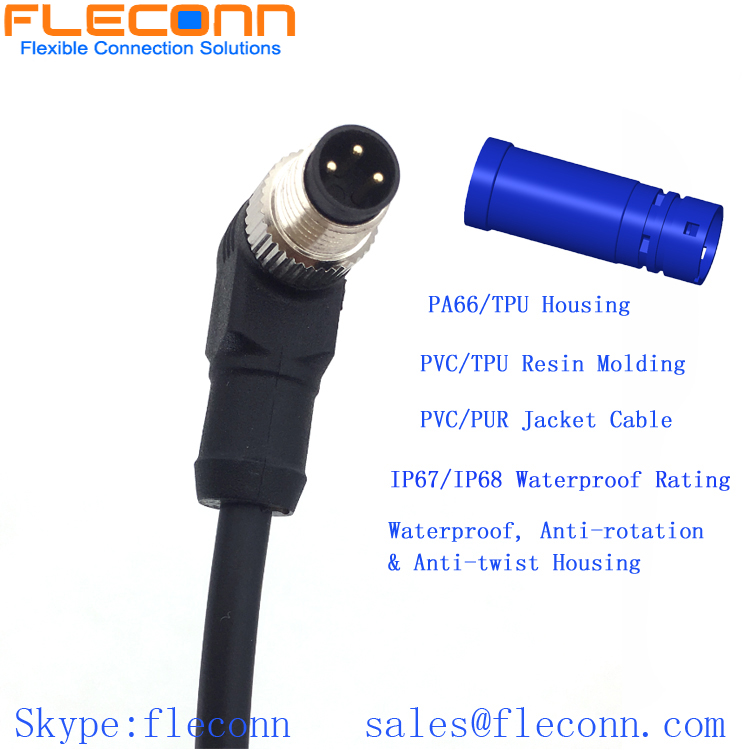 M8 3 Pole Male Connector Cable, 90 Degree Angle Overmoulded PVC Cable