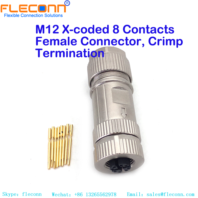 M12 8 Pin X-code Female Shielding Field Crimping Wireable Connector