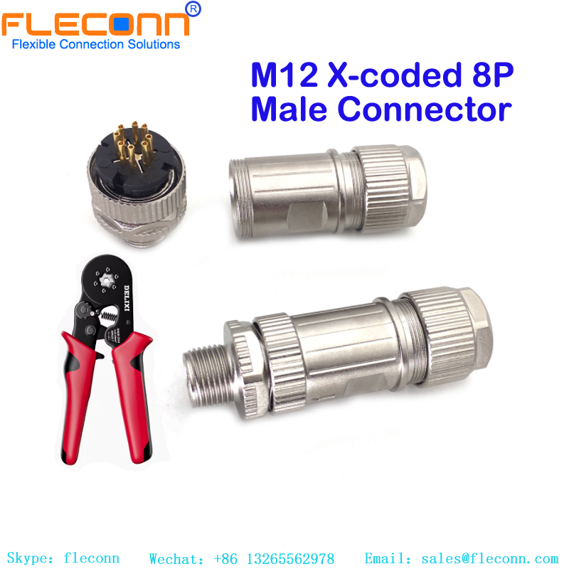 M12 8 Pin X-code Male Shielding Field Crimping Wireable Connector