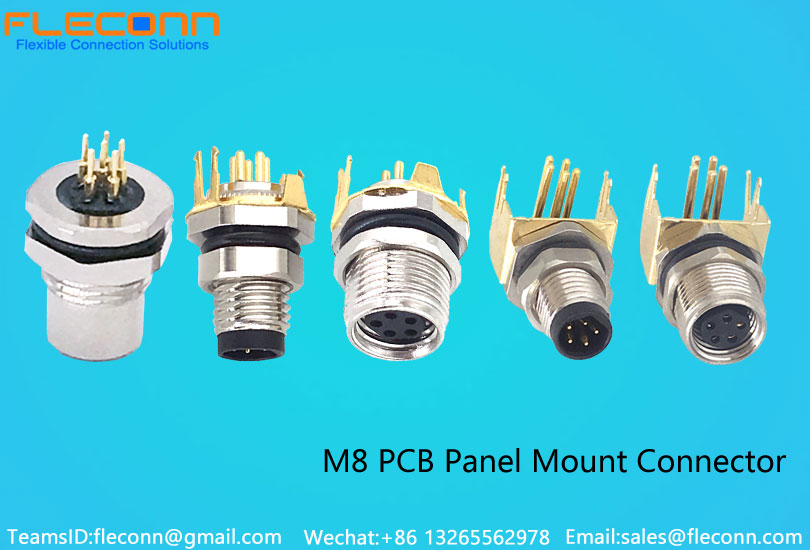 FLECONN can produce high quality 3 4 5 6 8 pin male and female straight and 90 degree right angle m8 pcb connectors with front and rear panel mounting installation methods for automation device manufacturers.